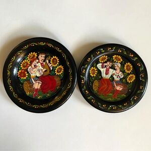 Vtg Hand Painted Folk Art Sunflower Love Wood Dish Wall Hanging Decor Lacquer